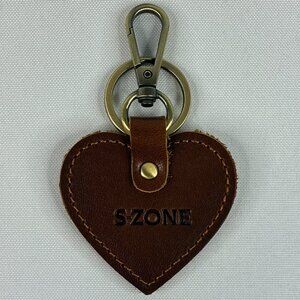 Brown Genuine Leather Heart Shaped S-Zone Keychain Ring Swivel Clip On Bag Charm